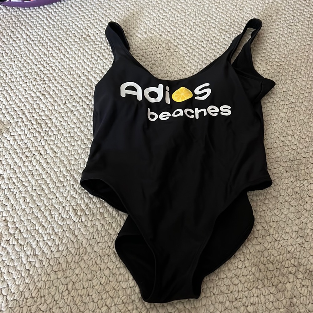 Black bathing suit, “Adios Beaches”